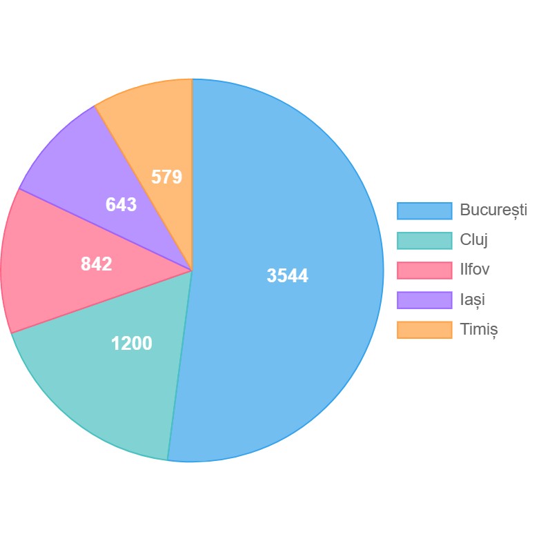Grafic arătând distribuția numărului de firme IT înființate în România în 2024.