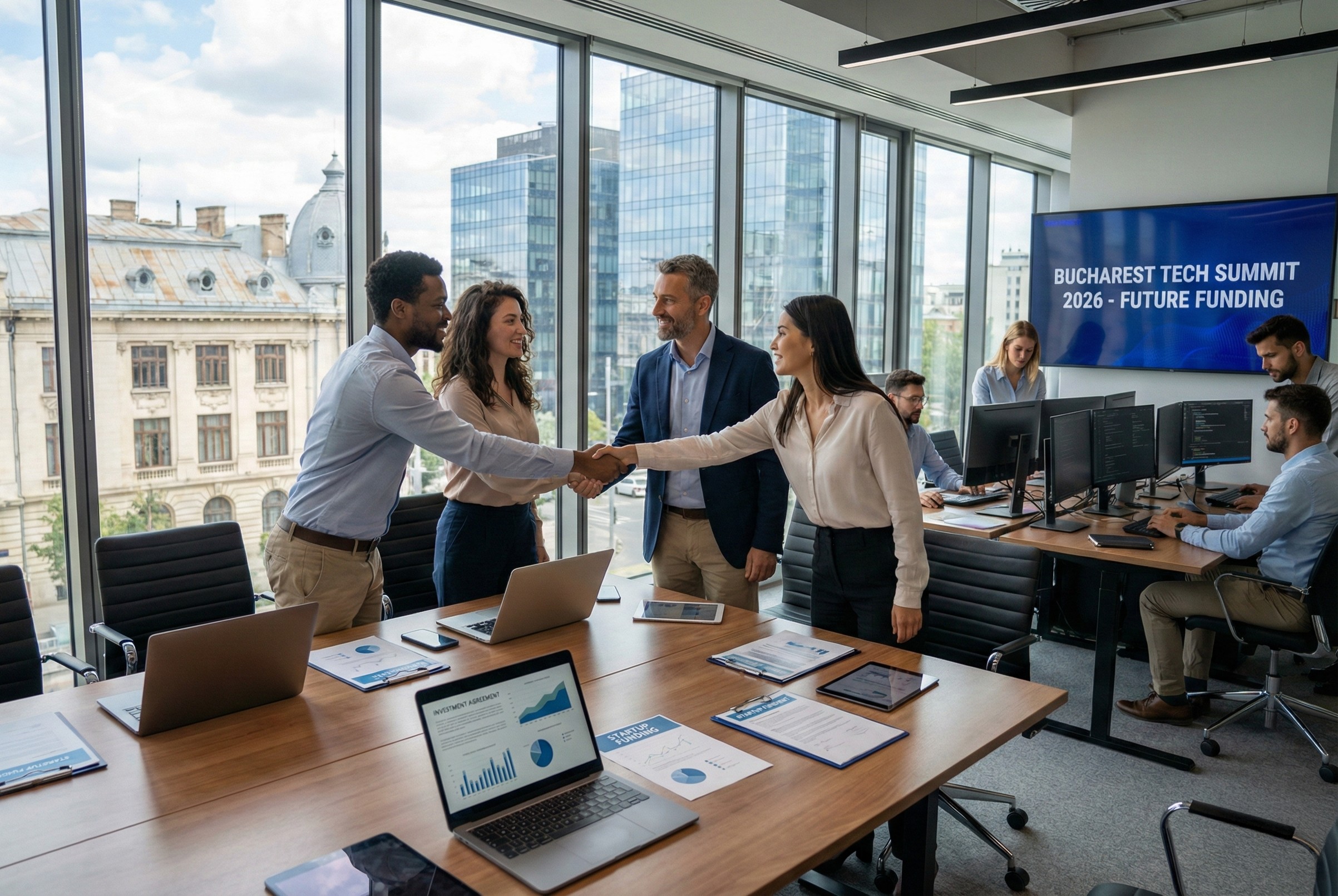 Antreprenori IT încheind un acord de finanțare într-un hub tehnologic din București, 2026