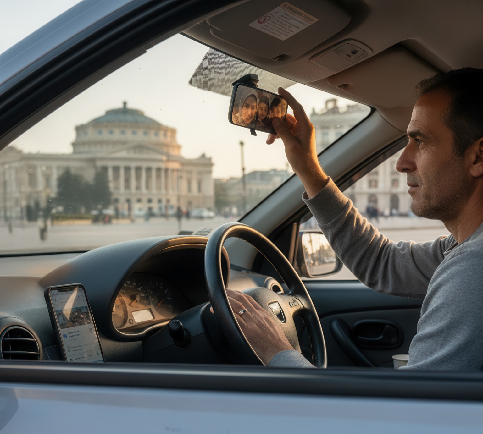 Bărbat la volan, simbolizând succesul după înființarea unui PFA de ridesharing pentru cetățeni străini în București.